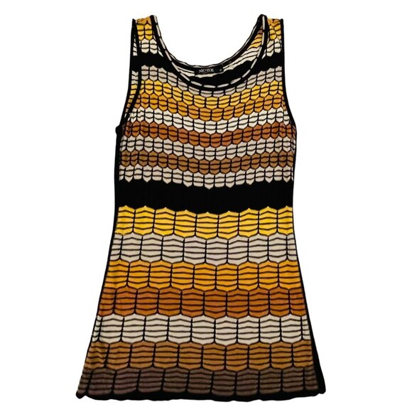 Nic+Zoe Sleeveless Knit Top Womens Sz M Geometric Honeycomb Print Black Brown Go - Picture 2 of 9